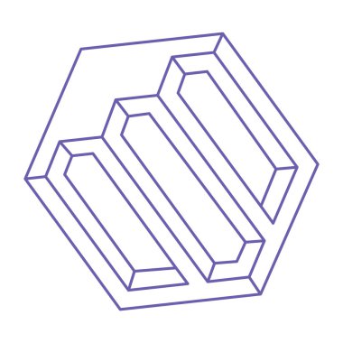 Optik yanılsama. İmkansız şekiller. Kutsal geometri figürü. Dövme 2022 Çok Peri renginde. Soyut sonsuz geometrik nesneler. Optik sanat. Beyaz arkaplanda imkansız geometri şekli.