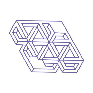 İmkansız şekiller, optik yanılsama, vektör. Optik sanat objeleri. Logo. Geometrik şekiller. Dövme modası 2022 Çok Peri rengi.