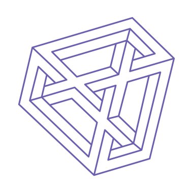 Optik yanılsama. Kutsal geometri. İmkansız şekiller. Dövme 2022 Çok Peri renginde. Soyut sonsuz geometrik nesne. Optik sanat. Beyaz arkaplanda imkansız geometri sembolü. 