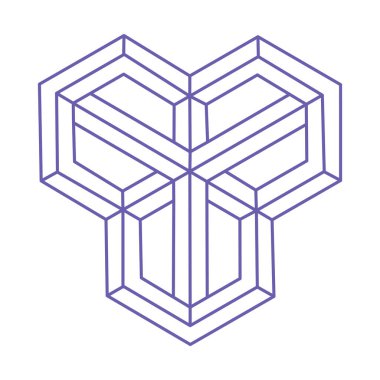 İmkânsız optik illüzyon şekilleri. Logo. Optik sanat objesi. İmkansız bir rakam. Çizgi çalışması. Gerçekdışı geometrik nesne. Dövme modası 2022 Çok Peri rengi.