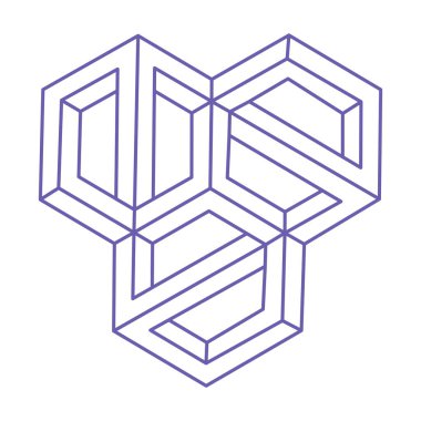 Optik yanılsama. İmkansız şekiller. Kutsal geometri figürü. Dövme 2022 Çok Peri renginde. İmkansız sonsuz ana hatları. Optik sanat. Beyaz arkaplanda imkansız geometri şekli.