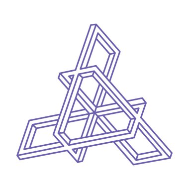 İmkansız bir şekil. Kutsal geometri. Optik illüzyon figürü. İmkansız sonsuz özet nesne. Operasyon sanatı. Beyaz arka planda imkansız geometri şekli. Çizgi çalışması. Dövme modası 2022 Çok Peri rengi