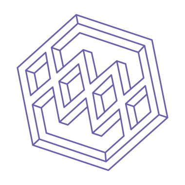 İmkânsız optik illüzyon şekilleri. Optik sanat objeleri. İmkansız rakamlar. Gerçek dışı geometrik logo. Dövme modası 2022 Çok Peri rengi.