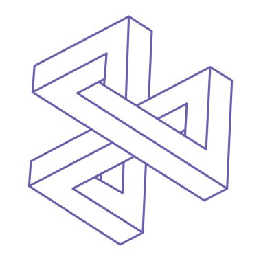 Optik illüzyon logosu. İmkansız şekiller. Kutsal geometri figürleri. Soyut sonsuz geometrik nesneler. İmkansız sonsuz ana hatları. Optik sanat. Beyaz arkaplanda imkansız geometri şekli.