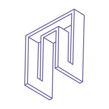 2022 Çok Peri renginde imkansız şekiller. Optik illüzyon logosu. Kutsal geometri figürleri. Soyut sonsuz geometrik nesneler. Optik sanat. Beyaz arkaplanda imkansız geometri şekli.