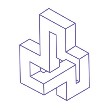 Escher paradoksu. Optik yanılsama objeleri. Kutsal geometrik figür. Optik sanat dövmesi son moda 2022 Çok Peri renginde. İmkansız şekiller.