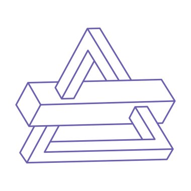 İmkansız şekiller, optik illüzyon dövmesi, vektör. Optik sanat objeleri. Moda 2022 Çok Peri renginde logo. Geometrik şekiller. Üçgen.