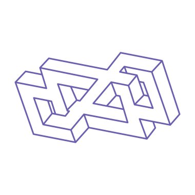 İmkânsız optik illüzyon şekilleri. Moda 2022 Çok Peri renginde logo. Optik sanat objeleri. İmkansız rakamlar. Escher tarzı dövme. Geometri.