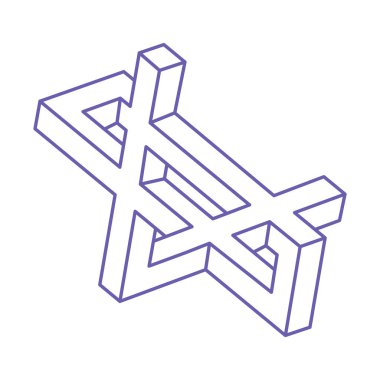 İmkânsız optik illüzyon şekilleri. Moda 2022 Çok Peri renginde logo. Optik sanat objeleri. İmkansız rakamlar. Çizgi dövmesi. Gerçekdışı geometrik nesneler.