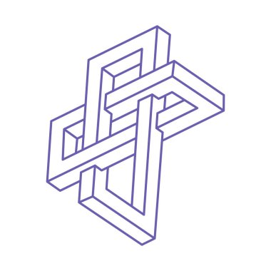 Optik illüzyon dövmesi. Moda 2022 Çok Peri renginde logo. İmkansız vektörü şekillendirir. Optik sanat objeleri. Geometrik şekiller. Escher paradoksu.