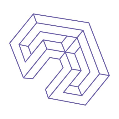 İmkansız şekiller. Kutsal geometri figürleri. Optik illüzyon dövmesi 2022 Çok Peri renginde. Soyut sonsuz geometrik nesne. Optik sanat. Siyah bir arkaplanda imkansız geometri şekli. 