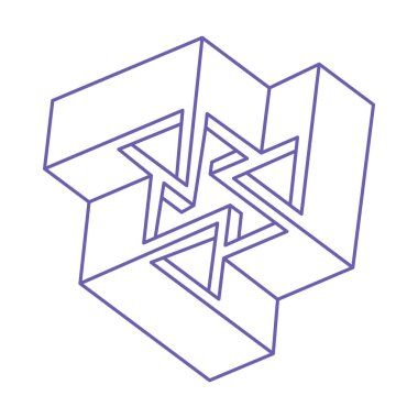 İmkansız şekiller. Kutsal geometri. Optik illüzyon dövmesi 2022 Çok Peri renginde. Soyut sonsuz geometrik nesne. Optik sanat. Beyaz arka planda imkansız geometri sembolü. Satır sanatı. 