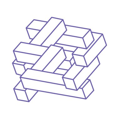 İmkansız şekiller, 2022 modasına uygun optik illüzyon logosu Çok Peri rengi, vektör. Optik sanat objeleri. Geometrik şekiller.