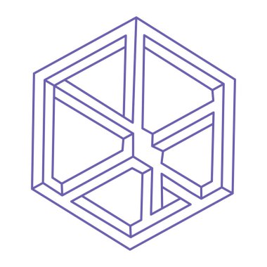 İmkânsız optik illüzyon şekilleri. Optik sanat objeleri. İmkansız rakamlar. Moda 2022 Çok Peri renginde gerçek dışı geometrik logo. Dövme.