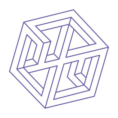 İmkansız şekiller, optik illüzyon dövmesi, vektör. Optik sanat objeleri. Moda 2022 Çok Peri renginde logo. Geometrik şekiller.