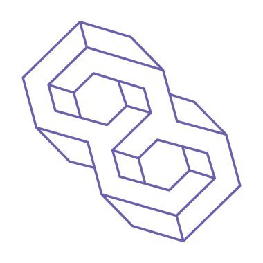 İmkansız şekiller. Kutsal geometri. Optik illüzyon logosu. Soyut sonsuz geometrik nesneler. Optik sanat. Beyaz arka planda imkansız geometri sembolü. Çizgi çalışması. Escher tarzı.