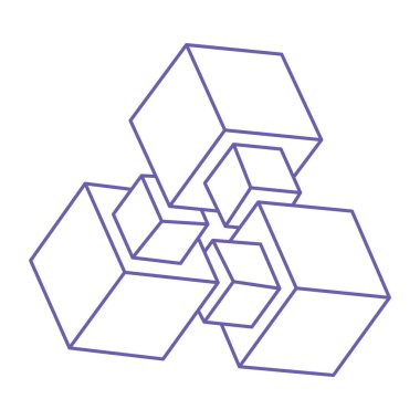 Optik illüzyon logosu 2022 Çok Peri renginde. İmkansız vektörü şekillendirir. Optik sanat objeleri. Geometrik şekiller. Escher paradoksu.