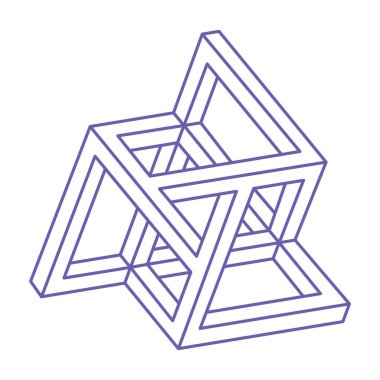 İmkânsız optik illüzyon şekilleri. Moda 2022 Çok Peri renginde logo. Optik sanat objesi. İmkansız rakamlar. Çizgi çalışması. Gerçekdışı geometrik nesneler. Dövme.