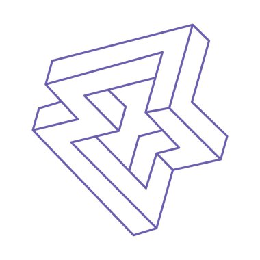 İmkansız şekiller. Logo. Kutsal geometri figürleri. Optik yanılsama. Soyut sonsuz geometrik nesne. Çizgi çalışması. Optik sanat. Beyaz arka planda imkansız geometri şekli. Escher paradoksu.
