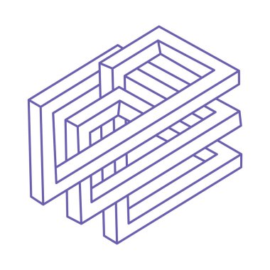 İmkansız şekiller. Kutsal geometri. Optik illüzyon figürleri. Soyut sonsuz geometrik nesneler. İmkansız sonsuz dış hat şekli. Logo. Optik sanat. Beyaz arkaplanda imkansız geometri şekli.
