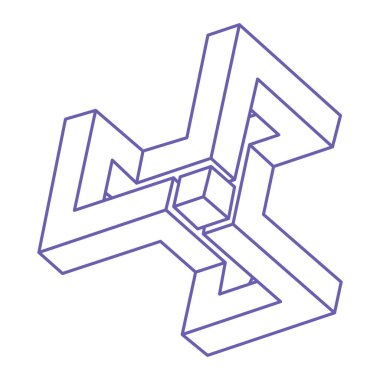 İmkansız şekiller. Optik yanılsama. Kutsal geometri figürü. Soyut sonsuz geometrik nesne. İmkansız sonsuz özet. Optik sanat. Beyaz arkaplanda imkansız geometri şekli.