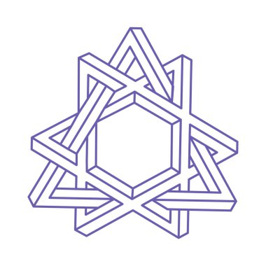 İmkansız şekiller. Optik yanılsama. Kutsal geometri figürleri. Soyut sonsuz geometrik nesneler. İmkansız sonsuz özet. Optik sanat. Beyaz arka planda imkansız geometri şekli. Logo.