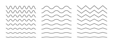 Dalgalı, kıvrımlı siyah çizgiler. Sinüs, sıvı, hava, rüzgar işareti. Sınırları dalgalandırın, enine yatay ince çizgiler. Su, nehir, göl, deniz, okyanus sembolleri. Beyaz arkaplanda özet grafik çizimi.
