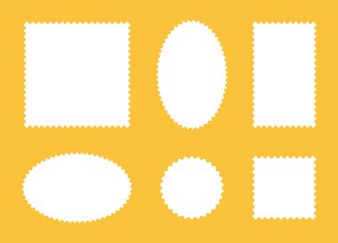 Posta pulu çerçeveleri. Boş sınırlar, kartpostal için arka planlar, mektup. Beyaz boş daire, dikdörtgen vintage pullar. Düz etiketler, etiketler, kuponlar, kıvrımlı, dalgalı kenarlı kutular..