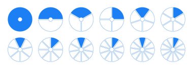 Daireler 1, 2, 3, 10, 7, 8, 9, 10, 11, 12 eşit parçayla bölünür. Grafik ikonu turtası, pizza şekli düz çizelgeler. Boş şablonu çalıştırıyorum. Bölümler kümesi mavi tekerlek bölünme bilgisi.