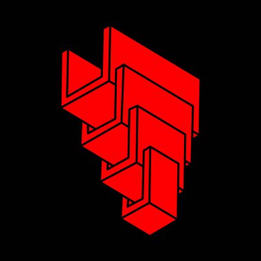 İmkansız şekiller. Logo. Kutsal geometri. Optik yanılsama. Soyut sonsuz geometrik nesne. Optik sanat. Siyah arka planda imkansız geometri sembolü. Escher tarzı.