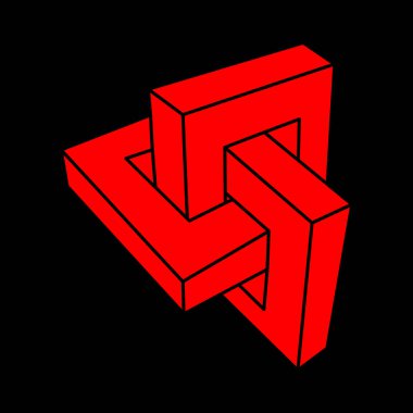 İmkansız bir şekil. Kutsal geometri figürü. Optik yanılsama. Soyut sonsuz geometrik nesne. İmkansız sonsuz özet. Logo. Optik sanat. Siyah bir arkaplanda imkansız geometri şekli.