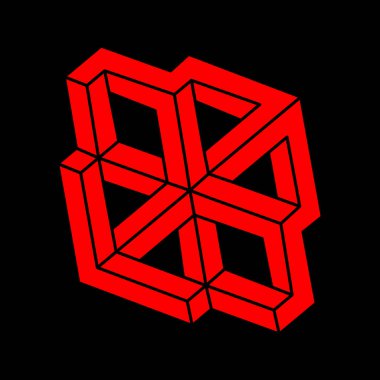 İmkansız bir şekil. Logo. Kutsal geometri figürü. Optik yanılsama. Soyut sonsuz geometrik nesne. İmkansız sonsuz özet. Çizgi çalışması. Optik sanat. Siyah bir arkaplanda imkansız geometri şekli.