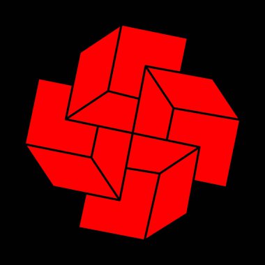 İmkansız şekiller. Kutsal geometri. Optik illüzyon modern logo. Soyut sonsuz geometrik nesne. Optik sanat. Siyah arka planda imkansız geometri sembolü. Çizgi çalışması. Escher tarzı.