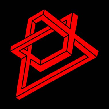 İmkansız şekiller. Kutsal geometri. Optik illüzyon figürü. Soyut sonsuz geometrik nesne. İmkansız sonsuz ana hatları. Operasyon sanatı. Modern logo. Siyah bir arkaplanda imkansız geometri şekli.