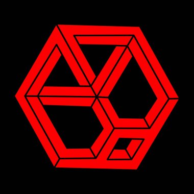 İmkansız şekiller. Optik yanılsama. Kutsal geometri figürleri. Soyut sonsuz geometrik nesneler. İmkansız sonsuz özet. Optik sanat. Siyah arka planda imkansız geometri şekli. Modern logo.