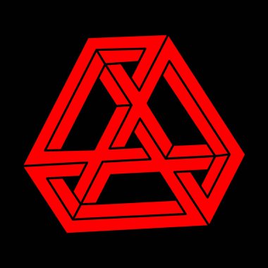 İmkansız bir şekil. Modern logo. Kutsal geometri. Optik illüzyon figürleri. Soyut sonsuz geometrik nesne. İmkansız sonsuz ana hatları. Operasyon sanatı. Siyah bir arkaplanda imkansız geometri şekli.