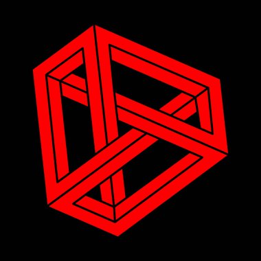 İmkansız şekiller. Optik yanılsama. Soyut sonsuz geometrik nesneler. İmkansız sonsuz modern logo. Siyah arka planda imkansız geometri sembolü. Optik sanat.