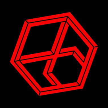 İmkansız şekiller. Kutsal geometri figürleri. Optik yanılsama. Soyut sonsuz geometrik nesne. İmkansız sonsuz özet. Optik sanat. Siyah arka planda imkansız geometri şekli. Escher tarzı.