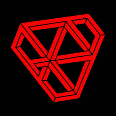 İmkansız şekiller. Kutsal geometri figürü. Optik yanılsama. Soyut sonsuz geometrik nesneler. İmkansız sonsuz özet. Modern logo. Siyah arka planda imkansız geometri nesnesi. Optik sanat.