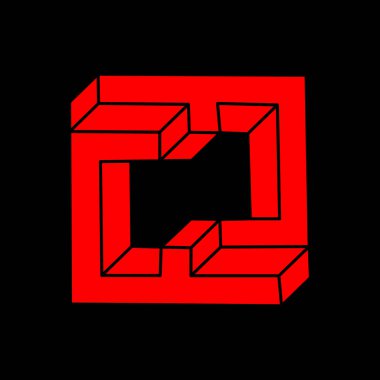 İmkansız şekiller. Optik illüzyon logosu. Soyut sonsuz geometrik nesneler. İmkansız sonsuz özet. Siyah arka planda imkansız geometri sembolü. Optik sanat.