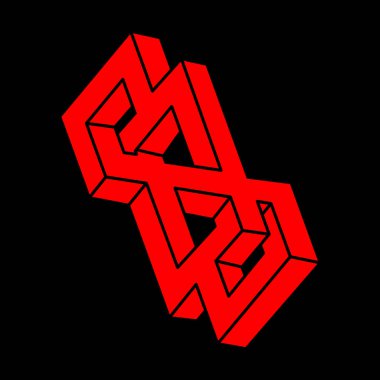 İmkansız şekiller. Kutsal geometri. Optik illüzyon figürleri. Soyut sonsuz geometrik nesneler. İmkansız sonsuz ana hatları. Operasyon sanatı. Siyah arka planda imkansız geometri şekli. Satır sanatı.