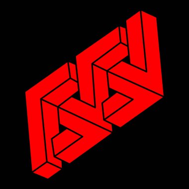 İmkansız şekiller. Kutsal geometri. Optik illüzyon figürleri. Soyut sonsuz geometrik nesneler. İmkansız sonsuz ana hat logosu. Operasyon sanatı. Siyah arka planda imkansız geometri şekli. Satır sanatı.