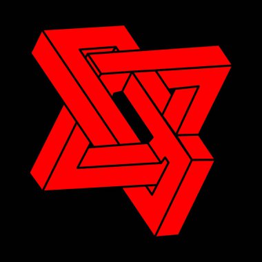 İmkansız şekiller. Kutsal geometri. Optik illüzyon logosu. Soyut sonsuz geometrik nesne. Optik sanat. Siyah arka planda imkansız geometri sembolü. Çizgi çalışması. Escher tarzı.