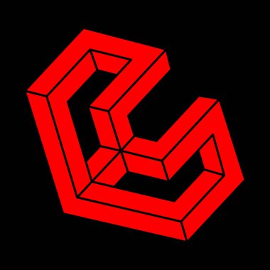 İmkansız şekiller. Kutsal geometri. Optik illüzyon logosu. Soyut sonsuz geometrik nesneler. Optik sanat. Siyah arka planda imkansız geometri sembolü. Çizgi çalışması. Escher tarzı.