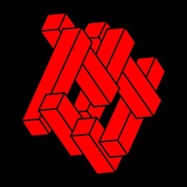 İmkansız şekiller. Kutsal geometri figürleri. Optik yanılsama. Soyut sonsuz geometrik nesne. İmkansız sonsuz özet. Optik sanat. Siyah arka planda imkansız geometri şekli. Escher tarzı.