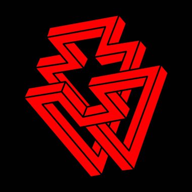 Optik illüzyon logosu. İmkansız şekiller. Kutsal geometri figürleri. Soyut sonsuz geometrik nesneler. İmkansız sonsuz ana hatları. Optik sanat. Siyah bir arkaplanda imkansız geometri şekli.