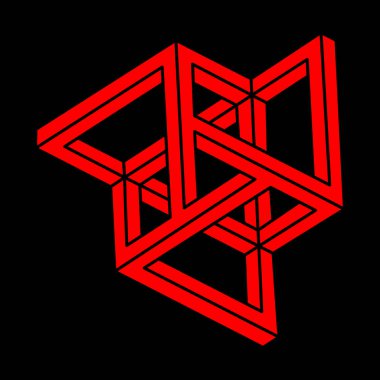 İmkansız bir şekil. Kutsal geometri figürü. Optik yanılsama. Soyut sonsuz geometrik nesne. İmkansız sonsuz özet. Optik sanat. Siyah arka planda imkansız geometri şekli. Escher tarzı.