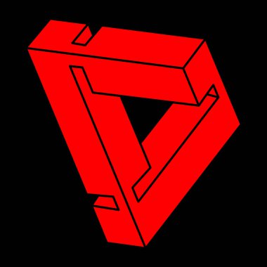 İmkansız şekiller. Kutsal geometri. Optik illüzyon figürleri. Soyut sonsuz geometrik nesneler. İmkansız sonsuz dış hat şekli. Operasyon sanatı. Siyah arka planda imkansız geometri şekli. Satır sanatı.