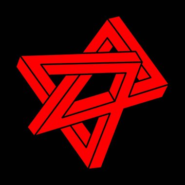 Optik yanılsama. İmkansız şekiller. Kutsal geometri figürleri. Soyut sonsuz geometrik nesneler. İmkansız sonsuz ana hatları. Optik sanat. Siyah bir arkaplanda imkansız geometri şekli.