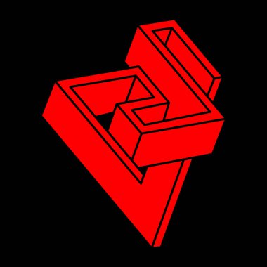 İmkansız şekiller. Kutsal geometri. Optik illüzyon logosu. Soyut sonsuz geometrik nesne. İmkansız sonsuz özet. Siyah arka planda imkansız geometri nesnesi. Optik sanat.